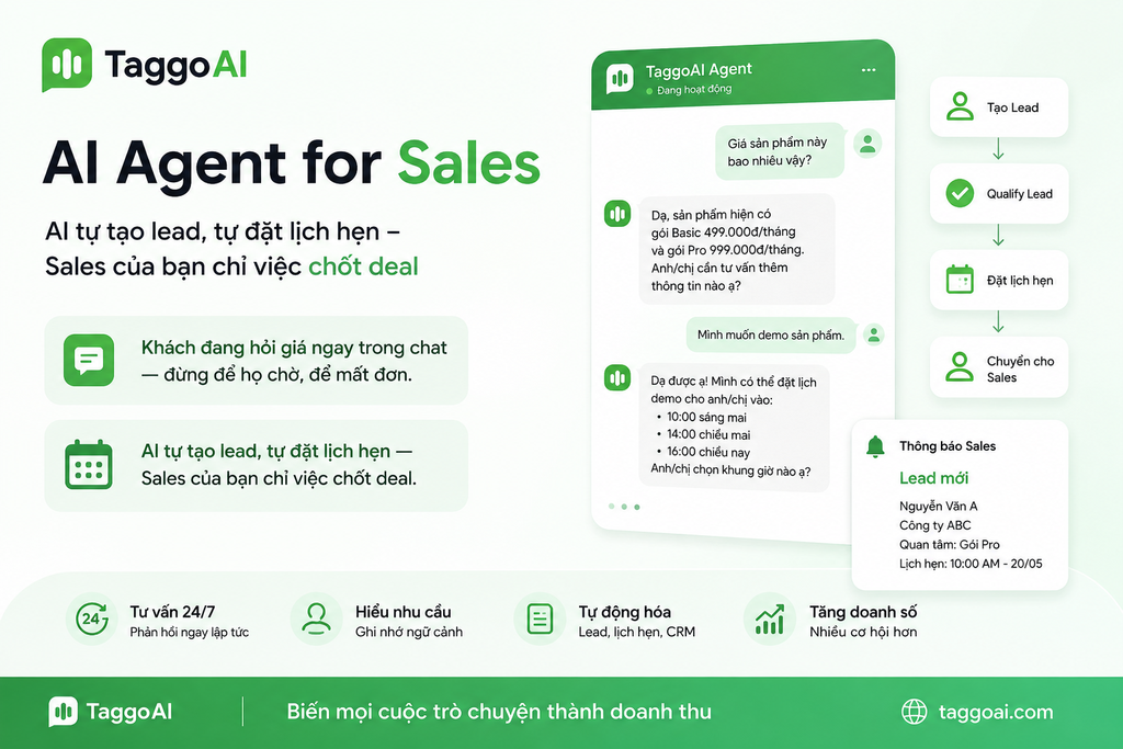 Taggo AI Agent for Sales: Tự động tạo Lead, đặt lịch và tăng doanh số